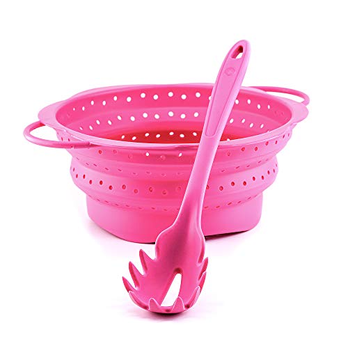 Kochblume Spaghetti Set | Pastalöffel mit faltbarem Sieb aus Silikon (pink)