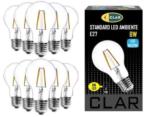 CLAR - E27 Neutral Light LED Bulbs 8W, E27 Vintage LED Filament Bulb, Edison Bulb (Fettsockel) Äquivalent zu 70-80W, 8W Neutralweiß 4000ºK (Pack 10)