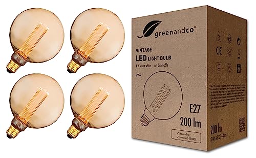 GreenAndCo 4x Vintage Design LED Lampe zur Stimmungsbeleuchtung E27 G125 Edison Glühbirne, 4W 200lm 1800K gold extra warmweiß 320° 230V flimmerfrei, nicht dimmbar, 2 Jahre Garantie