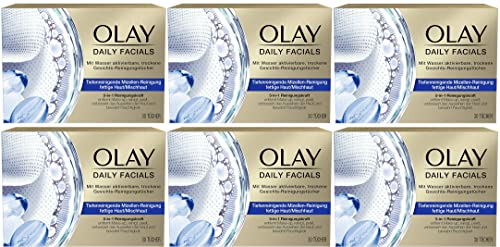 OLAY Daily Facials Mit Wasser Aktivierbare Trockene Gesichts-Reinigungstücher Für Fettige Haut/Mischhaut, 6er Pack (6 x 30 Stück)