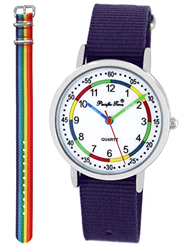 Pacific Time Lernuhr Mädchen Jungen Kinder Armbanduhr 2 Armband violett + Regenbogen analog Quarz 11016