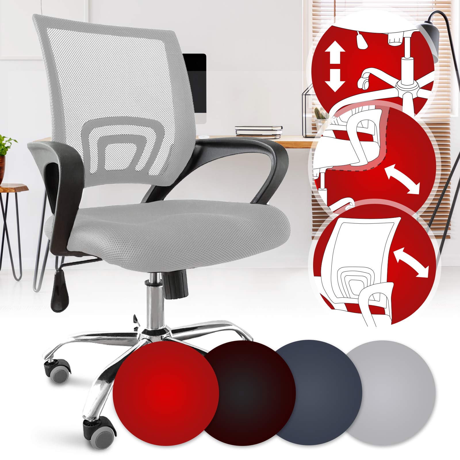 Bürostuhl - ergonomisch, mit Armlehnen und Rollen, Netzbezug und Wippfunktion, höhenverstellbar, bis 120kg, Farbwahl - Chefsessel, Drehstuhl, Schreibtischstuhl, Computerstuhl für Home Office