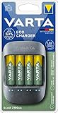 VARTA Akku Ladegerät, inkl. 4X AA 2100mAh, Batterieladegerät für wiederaufladbare AA/AAA, Eco Charger, Einzelschachtladung, Gehäuse zu 50% aus Biokunststoff