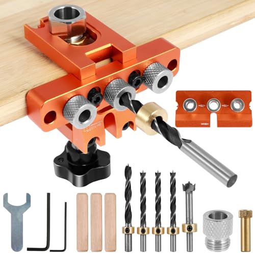 Deuson Dowel Jig Kit Aluminiumlegierung 3 in 1 Bohrloch-Loch-Guide Precise Bohrlocator Tragbare Puncher-Positionierungsführung mit 8 mm 10 mm 15 mm Bohrer Taschenloch-Schablone für Holzbearbeitung