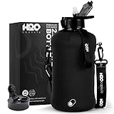 H2O Capsule 2,2L Half Gallon Wasserflasche mit Aufbewahrungstasche und Deckel Strohhalm – BPA-freier großer wiederverwendbarer Getränkebehälter Griff Sportkrug, 2,2 Liter (72 oz) Tiefschwarz