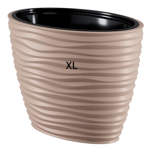 XL Pflanzkübel Slim Oval 3D Effekt - Wellen - Farbe: Taupe mit Herausnehmbaren Einsatz, H: 40 cm
