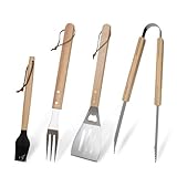 Premium Barbecue Grill Tools Set of 4 - Spatel, Gabel, Brush & BBQ Tong, Stainless Steel Grilling Utensils with Wood Handles - 4-teiliges Heavy-Duty Kit for Perfect Outdoor Camping Cooking