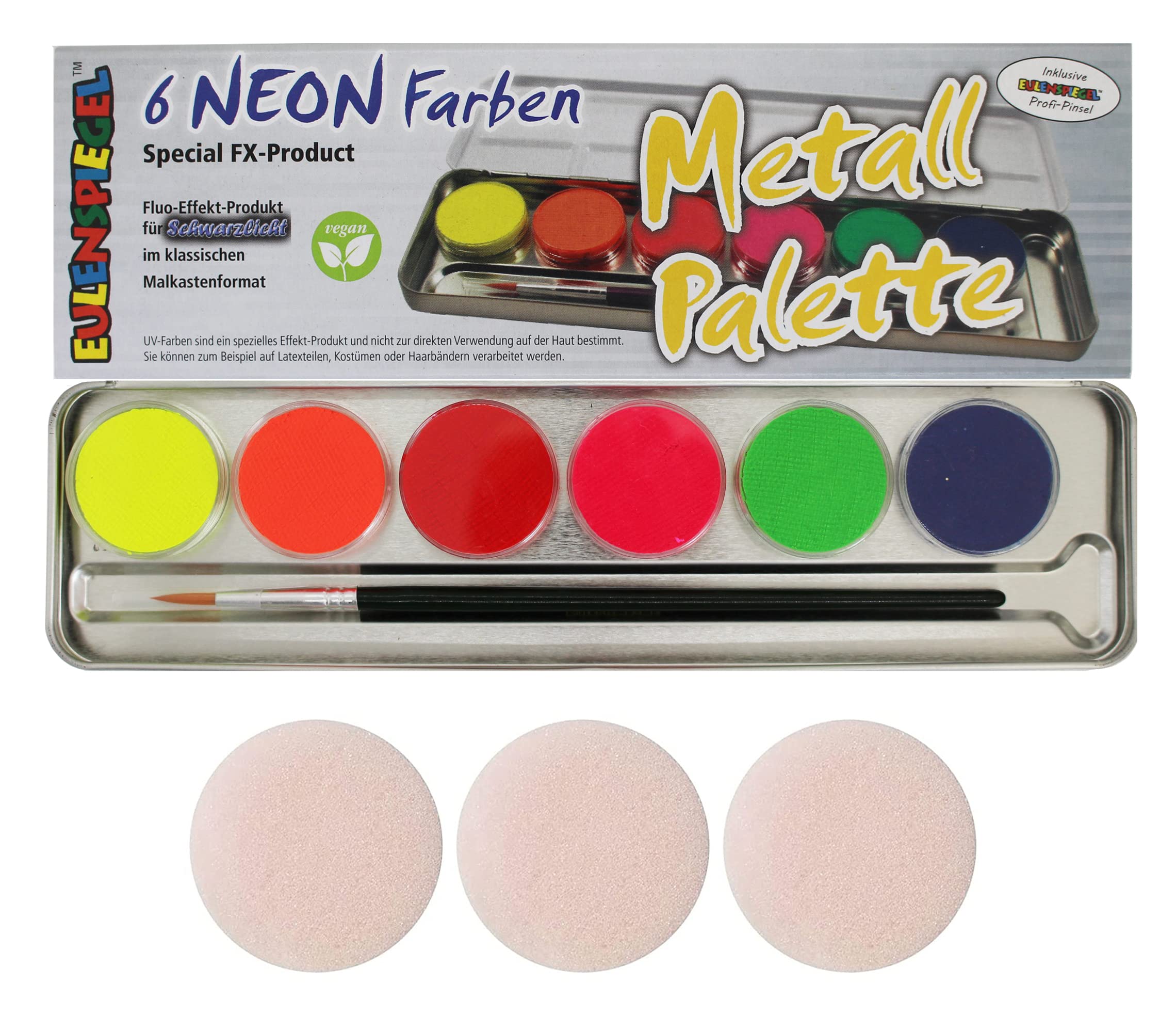 Eulenspiegel 423004 - Farb-Palette Neon, 6 X 5g UV-Farben, 1 Pinsel, Schminkset, Karneval, Mottoparty(Verpackung kann variieren)