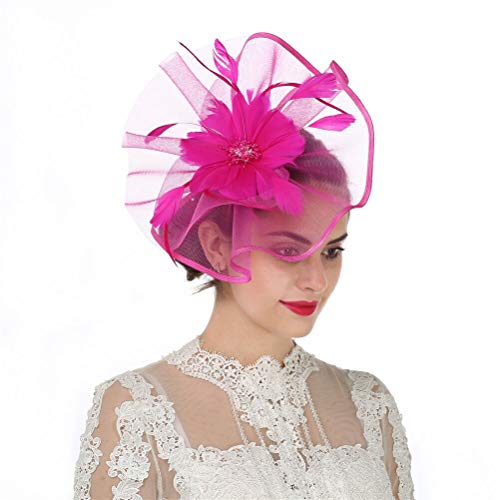 Fascinator Hut Feder Mesh Netz Schleier Party Hut Ascot Hüte Blume Derby Hut mit Clip und Haarband für Frauen, A1-fuchsia, M