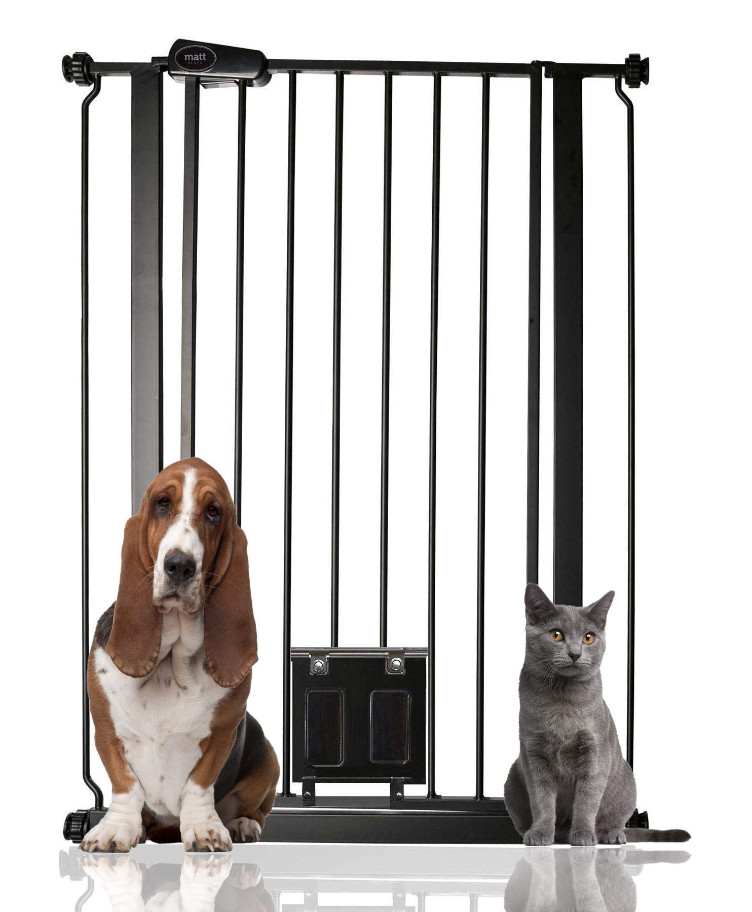 Bettacare Haustiergitter mit verriegelbarer Katzenklappe, 75cm - 84cm, Schwarz, 104cm in der Höhe, Extra hohes Hundesicherheitsgitter mit Katzenklappe, Einfache Installation