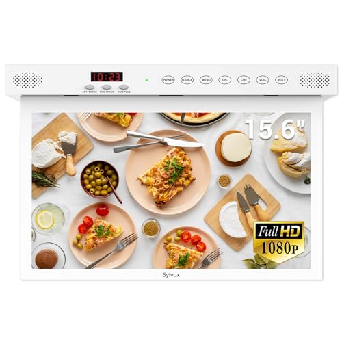 SYLVOX Küchen TV 15,6 Zoll 1080P Android Smart TV Google Play|HBBTV | Chromecast | Zeitschaltfunktion | WiFi Bluetooth| Touch-Tasten | +/-180° Freies Drehen | Klappe nach unten 90° |Weiß 2023