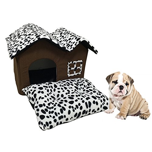 Sotoboo Pet House Bett, Hohe Qualität Braun Spot Muster Innen Pet dogpuppy/Cat Kätzchen House Bett mit Weichem Abnehmbarem Kissen für Kleine Oder Mittelgroße Hunde