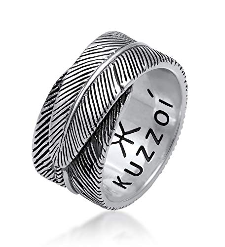 kuzzoi Massiver Herrenring(14mm) im Feder Design schwarz oxidiert, Bandring für Männer aus 925 Sterling Silber, Ring im Vintage Look, Ringgröße 66, 0609382419_66