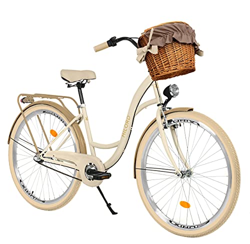 Milord. 28 Zoll 3-Gang Creme-braun Komfort Fahrrad mit Korb und Rückenträger, Hollandrad, Damenfahrrad, Citybike, Cityrad, Retro, Vintage