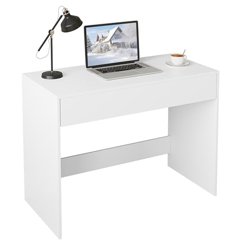 eSituro Schreibtisch mit großer Schublade, Computertisch Bürotisch Weiß mit Stauraum, Kleiner PC Tisch Kinder Schreibtisch, Moderner Arbeitstisch Schminktisch, 100x75x50 cm