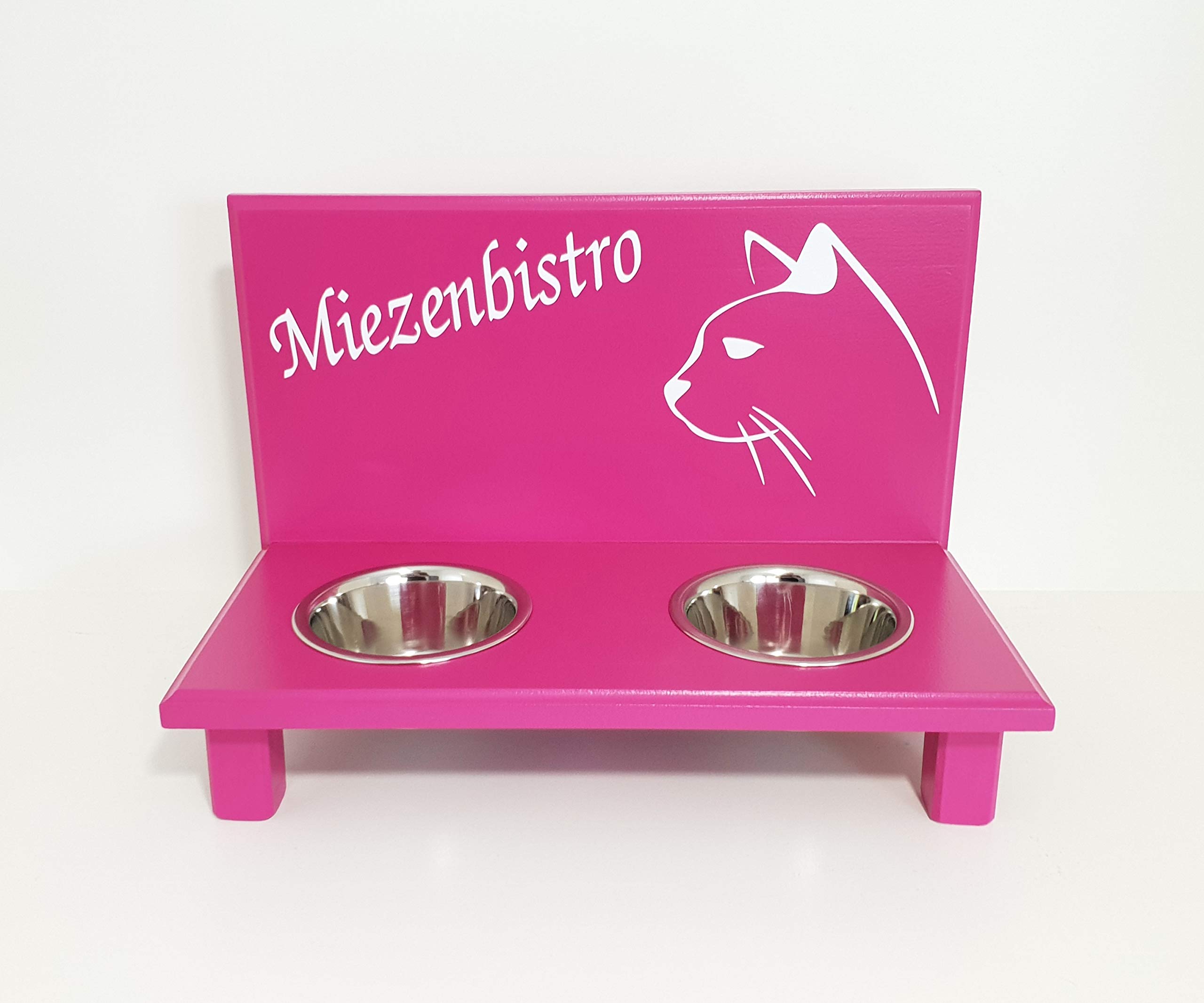 Jennys Tiershop Futterbar. Katzen Napf. Napfhalter für Katzen. Futterbar Katze in pink. 2 x 350 ml Edelstahlnapf (32e)