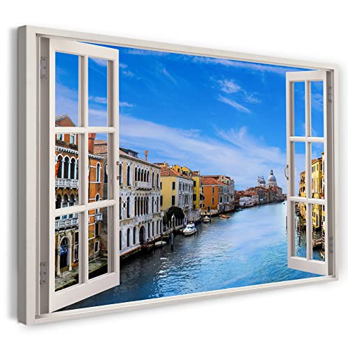 Printistico Leinwandbild (100x70cm) Fensterblick - Italien Venedig Kanal Sonne Meer - Natur-Fotografie, echter Holz-Keilrahmen inkl. Aufhänger, handgefertigt in Deutschland