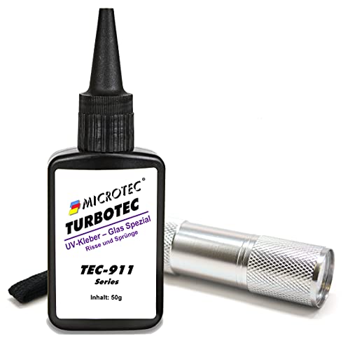Microtec® Turbotec 911 dünnflüssiger UV-Kleber | Ausbesserung von Rissen und Sprüngen | für Glas/Metall/Kunststoff | 50g | mit UV-Taschenlampe | lichthärtender und transparenter Klebstoff