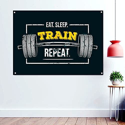 Wandposter "EAT SLEEP. TRAIN REPEAT" für Fitnessstudio, Workout, inspirierendes Slogan, Wandkunst, Yoga, Fitness, Sport, Banner, Flagge, zum Aufhängen, 96 x 144 cm