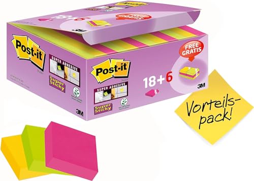 Post-it 622P24SC Haftnotiz Super Sticky Notes Promotion, 48 x 48 mm, 24 Blöcke a 90 Blatt, ultrapink, gelb, neongrün