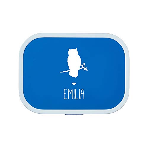 4you Design Personalisierte Blaue Brotdose -Eule Silhouette- mit Namen – inkl. Bento Box & Snack-Gabel für Schule & Kindergarten, Geschenk für Kinder (Blau)