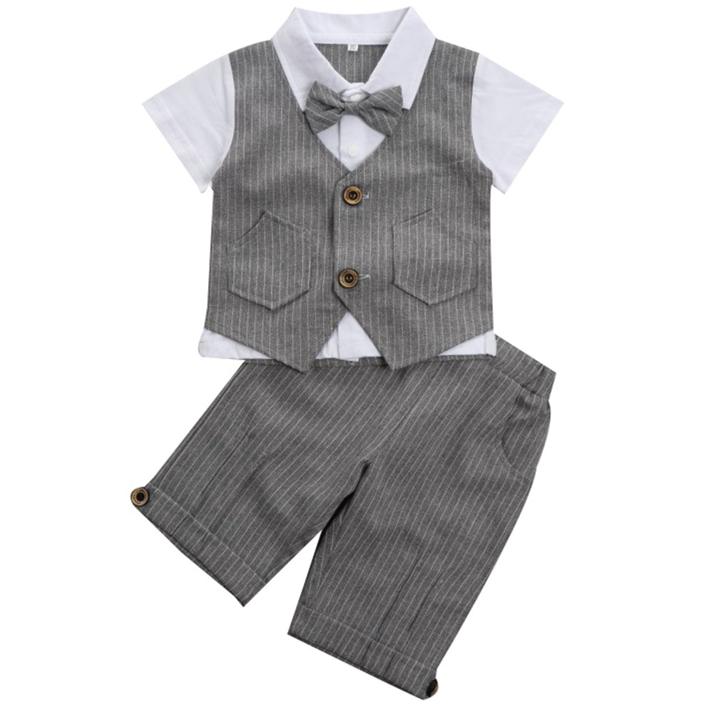 Baby Jungen 2-teiliges Strampler Smoking Gentleman Anzug Kurzarm Streifen Outfits Sommer Kleidung Jumpsuit Spielanzug Taufkleidung mit Fliege (Grau, 80/12-18 Monate)