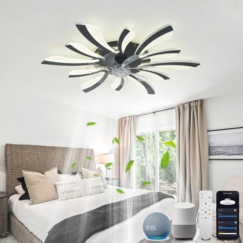 YOLEDY Lampe mit Ventilator Leise mit Fernbedienung, Moderne Deckenventilator mit Beleuchtung 2.4GHz WiFi Funktioniert mit Alexa Google Home, für Schlafzimmer, Küche, Schwarz