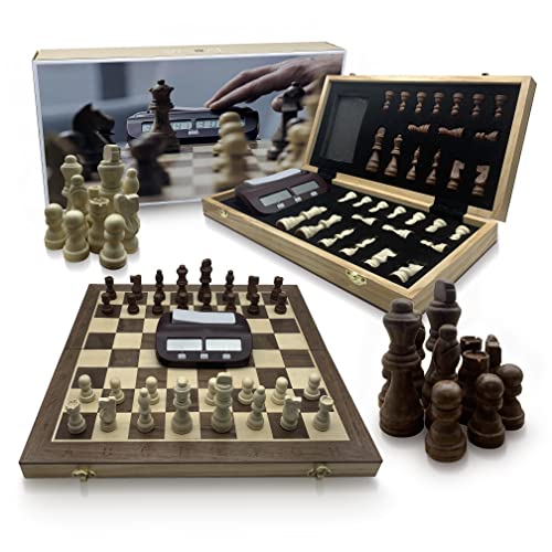 DOJA Barcelona | Klappbar Schachspiel Holz mit Schachuhr | 39x39 | Profi Schachbrett Hochwertig für unterwegs mit Digital Uhr | Staunton Brettspiel | Schach Magnetisch/Chess Board Set