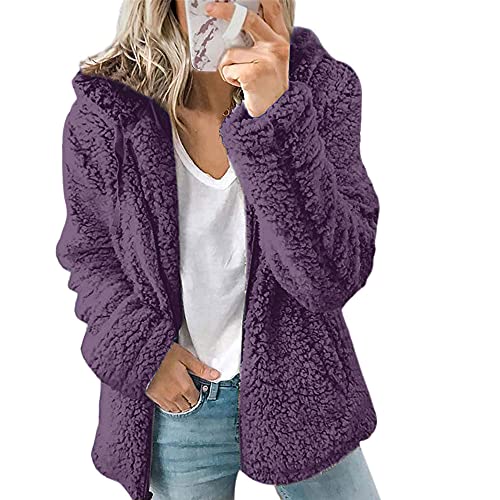ZXCVB Women Open Front Hooded Cardigan Fleece Pocket Outwear (Purple,XL/16-18)