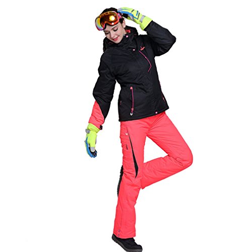 emansmoer Damen Skianzug Wasserdicht Outdoor Wintersport Schneejacke Frauen Kapuze Baumwolle gepolstert Mantel mit Skihose Salopettes (Medium, Schwarz(8037) + Orange)