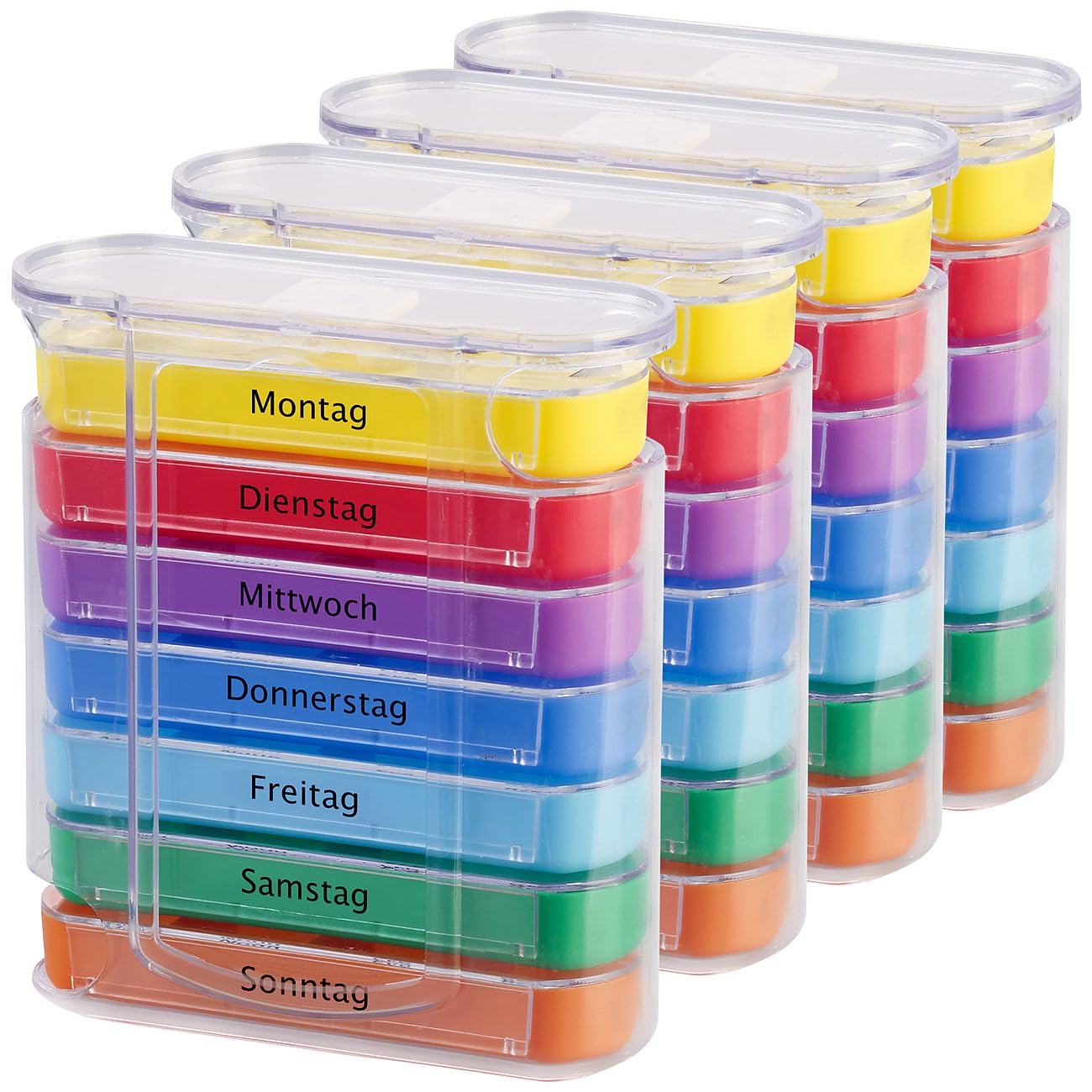 newgen medicals Medikamentenbox: 4er-Set bunte Medikamenten-Boxen für 7 Tage, je 4 Fächer, beschriftet (Pillendose, Tablettenbox 7 Tage 4 Fächer)