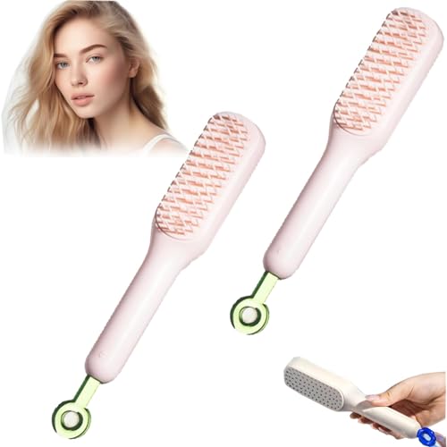Self-Cleaning Anti-Static Massage Comb, One-pull Clean Massage Comb, Scalable Rotate Lifting Self Cleaning Hairbrush Hair Styling Tools for Women (2PCS-Pink)