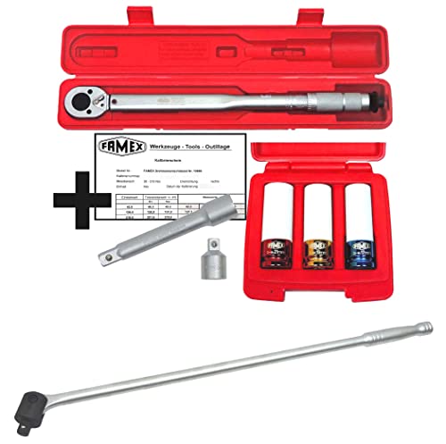 FAMEX Werkzeugset 10905 Drehmomentschlüssel, 1/2 Zoll (12,5 mm), 30-210 Nm, mit Schoneinsätzen, Drehgriff und Kalibrierschein