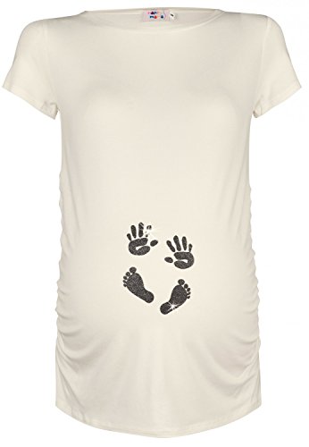 HAPPY MAMA. Damen Baby Hände Fußabdruck T-Shirt Top Oberteil Schwangere. 013p (Ekrü, EU 40/42, L)