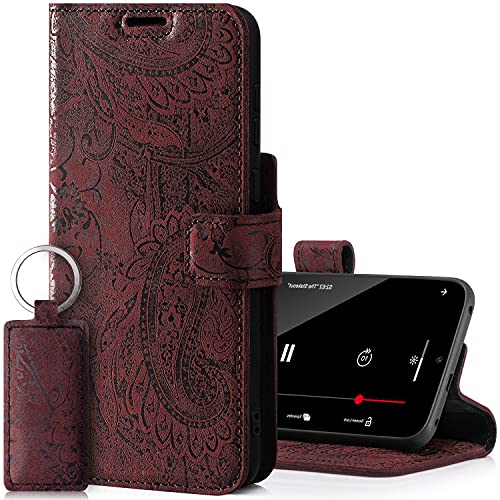 SURAZO Prestige Handyhülle für Apple iPhone 13 Pro Max – Premium Echtleder Hülle Schutzhülle mit [Standfunktion, Kartenfach, RFID Schutz, Blumenmuster] Klapphülle Wallet case Handmade in EU (Burgund)