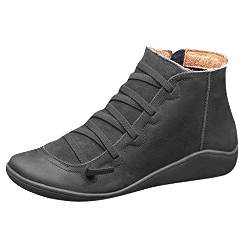 Yowablo Damen Kurzschaft Stiefel Lässige Flache Retro-Schnürstiefel aus Leder mit seitlichem Reißverschluss und runder Schuhspitze (38 EU,4- Schwarz)