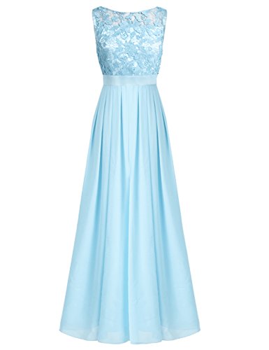 iixpin Damen Vintage Maxi-Spitzenkleid Elegant Brautjungfer Abendkleider Chiffon Hochzeit Festliche Kleider Cocktailkleid Himmelblau 38