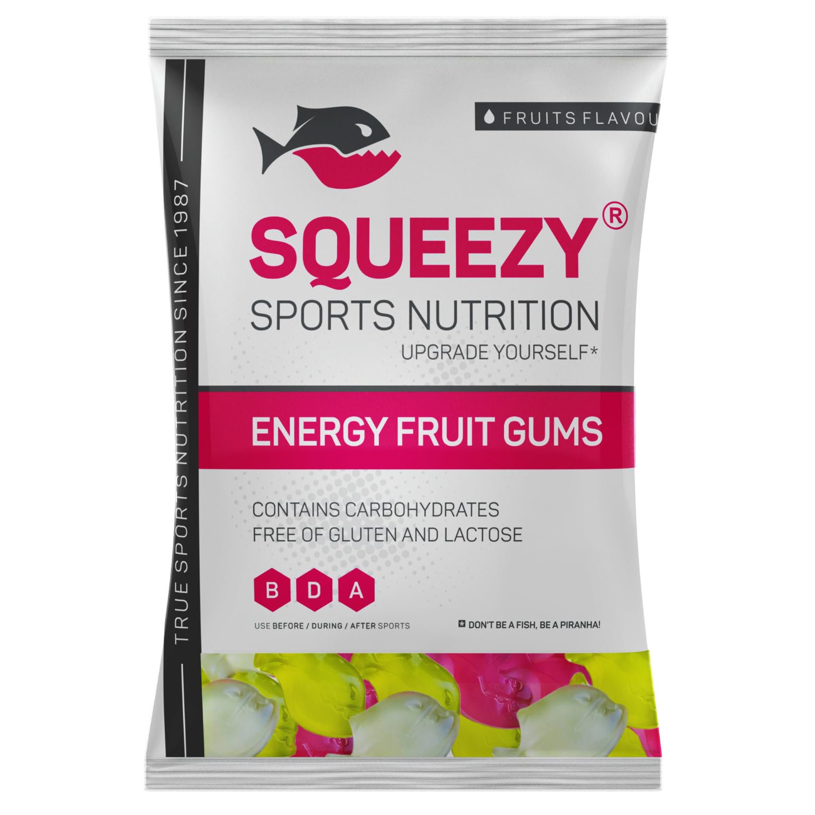 Squeezy Energy Fruit Gums (20 x 100g) | Leckere Kohlenhydrat Fruchtgummis auf Maltodextrin Basis + Kalium & Natrium | Vollwertige Alternative zu Energy Gels & Drinks