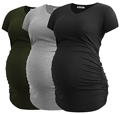 Smallshow Damen Umstandstop V Hals Schwangerschaft Seite Geraffte Umstandskleidung Tops T Shirt 3 Pack,Army Green-Black-Light Grey,XL