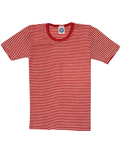 Cosilana, Kinder Unterhemd/T-Shirt, 70% Wolle und 30% Seide (128, Geringelt Rot/Natur)