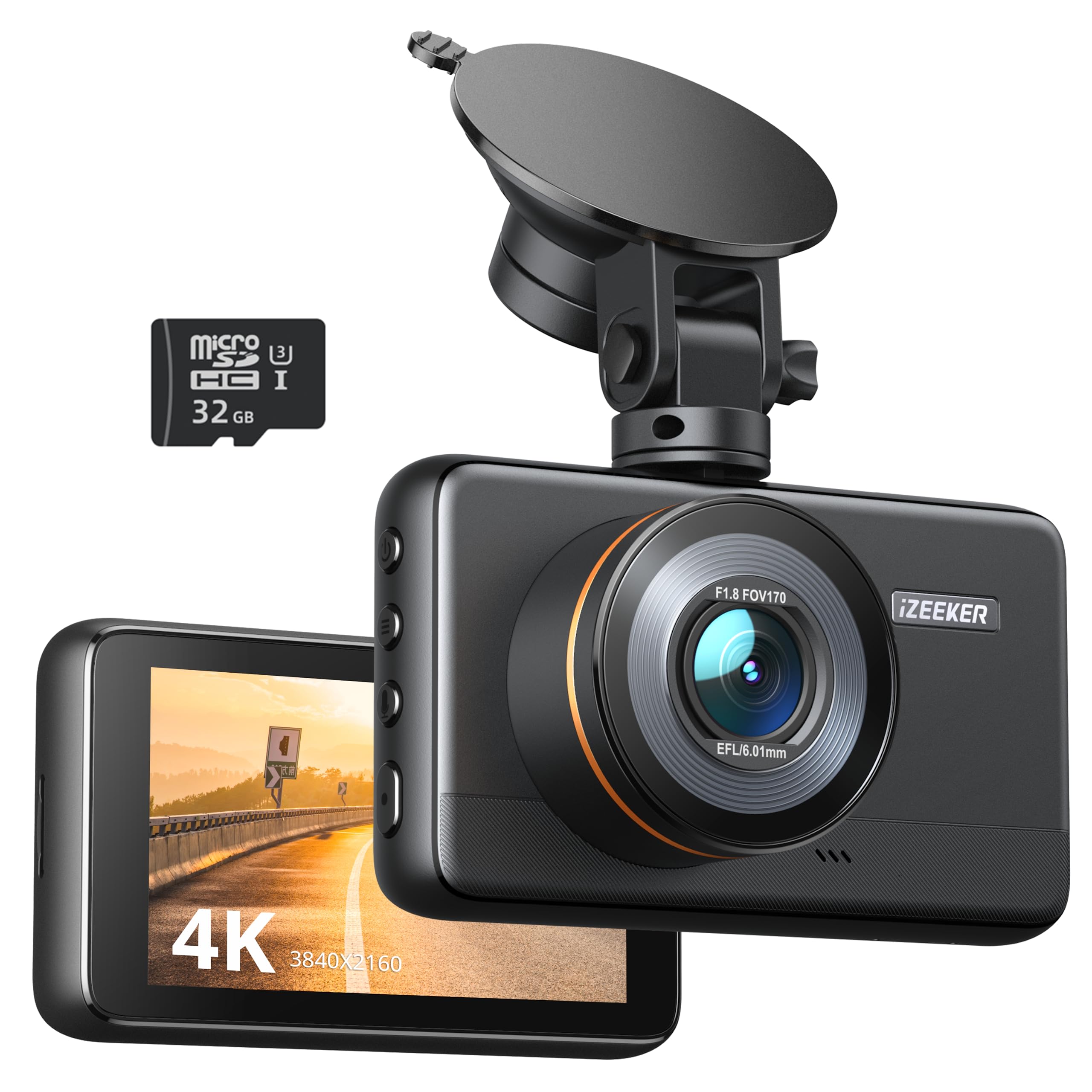 iZEEKER 4K Dashcam vorne mit MicroSD-Karte, 4K 30FPS/1080P 60FPS Autokamera, Autokamera mit Super-Nachtsicht, WDR, Notfallaufzeichnung, Parküberwachung