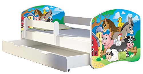 Kinderbett Jugendbett mit einer Schublade und Matratze Weiß ACMA II 140 160 180 40 Design (140x70 cm + Bettkasten, 34 Farm)