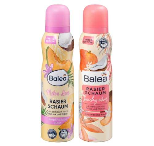 Balea 2er-Set fruchtiger Rasierschaum für empfindliche Haut: MELON LOVE mit Duft nach Melone & Kokos (150 ml) + PEACHY VIBES mit Duft nach Cocos & Pfirsich (150 ml), 300 ml