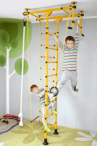 NiroSport FitTop M1 Indoor Klettergerüst für Kinder Sprossenwand für Kinderzimmer Turnwand Kletterwand, TÜV geprüft, kinderleichte Montage, max. Belastung bis ca. 130 kg (Gelb)