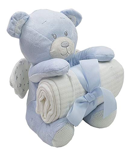 Premium Präsente Baby Geschenk Set Schutzengel Teddybär mit Babydecke blau