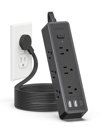 Flat Extension Cord 15 ft，Surge Protector Power Strip with 9 Widely Outlets and 3 USB Ports (1 USB-C), Flat Extension Cord with Multiple Outlets, 1080 Joule, Wall Mount, for Home Office, Dorm,Black