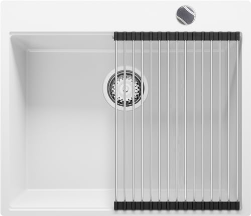 Granitspüle Weiß 51x43,5 cm, Spülbecken + Ablauf-Set (Drehknopf), Küchenspüle für 50er Unterschrank in 5 Farben, Einbauspüle von Primagran