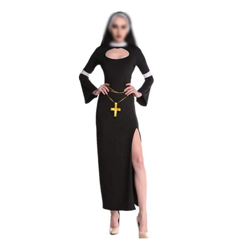 Damen Nonnen Kostüm Kleid Und Kopfbedeckung Halloween Costume Damen Zombie Geist Karneval Nonnenkostüm Damen Sexy,Schwarz,M