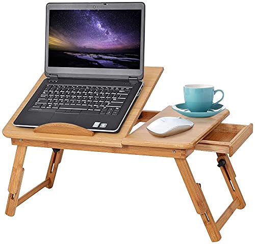 Ejoyous Bamboo Laptop Stand Betttisch, verstellbar und faltbar 4 Tilt Angles Laptoptisch Notebooktisch Lapdesks mit Schublade und Lüftungsschlitze für Schule Schlafzimmer oder Büro