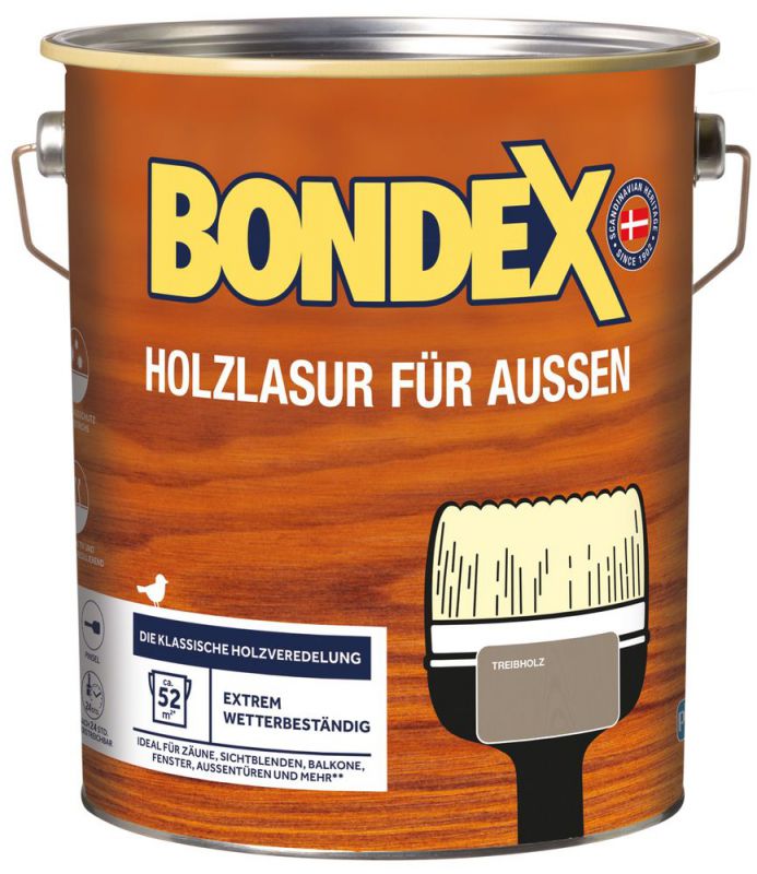 Bondex Holzlasur für Außen Treibholz 4 L für 52 m²| Hoher Wetter- und UV-Schutz | Natürliches Abwittern - kein Abplatzen | seidenmatt | Holzschutzlasur | Holzlasur